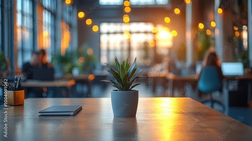 Ambient Workspace: Modern Office Serenity with Warm Lighting and Natural Touches Ambient Workspace: Modern Office Serenity with Warm Lighting and Natural Touches
