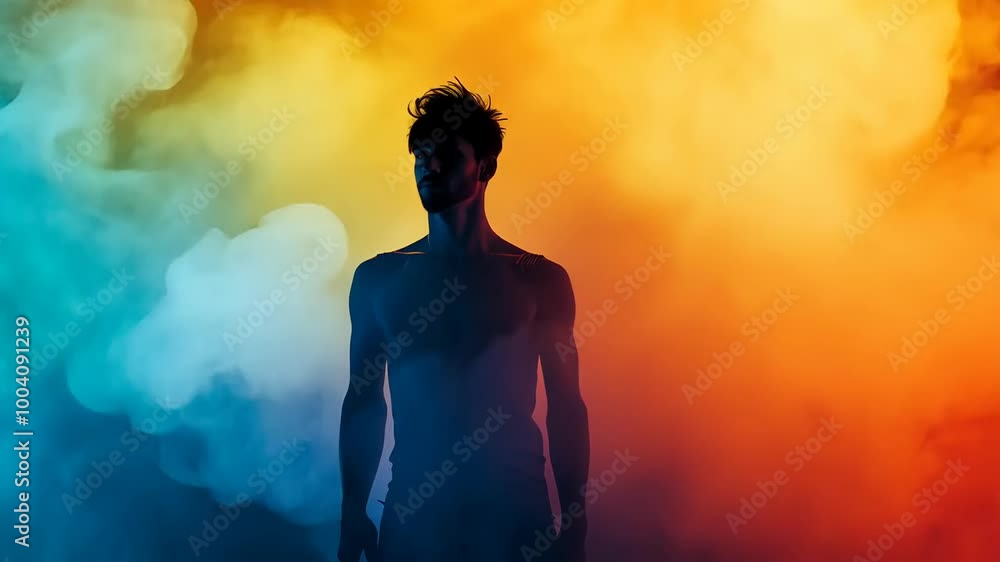 Mystical silhouette of man vibrant smoke background