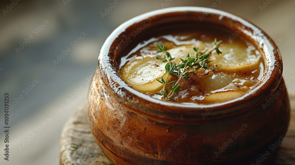 Top-down shot of classic French onion soup, featuring vibrant onions and fresh thyme, beautifully styled in a rustic ceramic bowl against a soft, blurred background. Top-down shot of classic French onion soup, featuring vibrant onions and fresh thyme, beautifully styled in a rustic ceramic bowl against a soft, blurred background.
