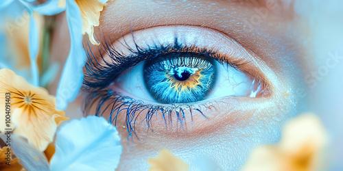 A woman's eye is surrounded by yellow flowers