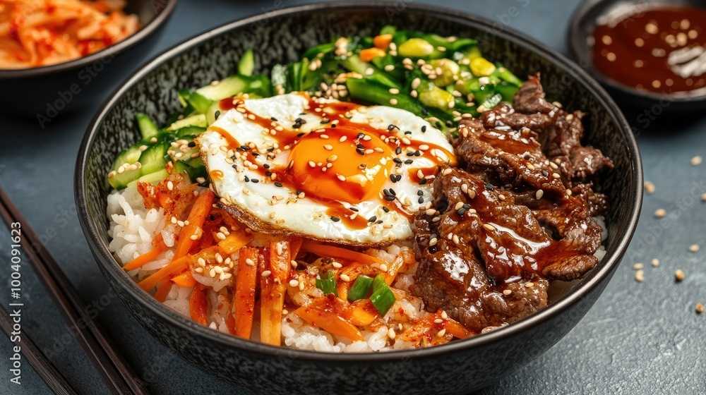 A Korean bibimbap bowl with rice, vegetables, beef, and a fried egg on top, drizzled with spicy gochujang sauce. A Korean bibimbap bowl with rice, vegetables, beef, and a fried egg on top, drizzled with spicy gochujang sauce.