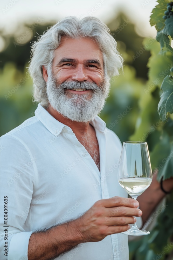 A man with a white shirt and gray hair is holding a wine glass. He is smiling and he is enjoying himself A man with a white shirt and gray hair is holding a wine glass. He is smiling and he is enjoying himself