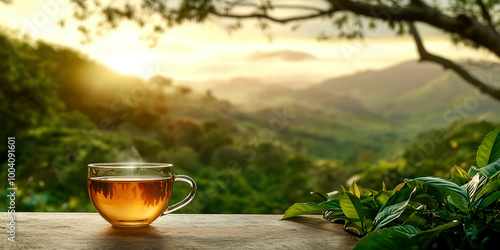 Wallpaper Mural A cup of tea is sitting on a wooden table in front of a beautiful mountain view Torontodigital.ca