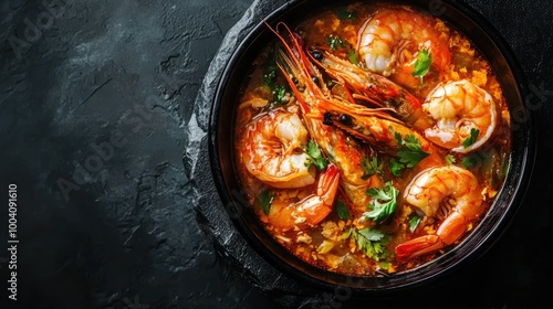 Top-down shot of tom yum kung, highlighting the rich broth and vibrant shrimp, garnished with herbs in a black bowl, surrounded by dark stone for clear copy space.