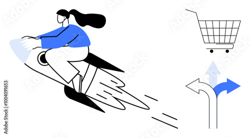 Person riding a rocket illustrates speed. Shopping cart and direction arrows highlight e-commerce choices. Ideal for themes like online shopping, decision making, speed, e-commerce, and technology