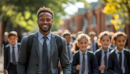 A well-dressed man in a suit and tie strolls with a group of school children, promoting education and guidance. 