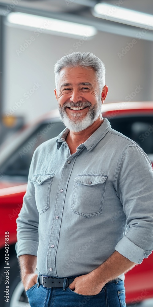 A man with a beard and gray hair is smiling and posing for a picture in front of a red car A man with a beard and gray hair is smiling and posing for a picture in front of a red car