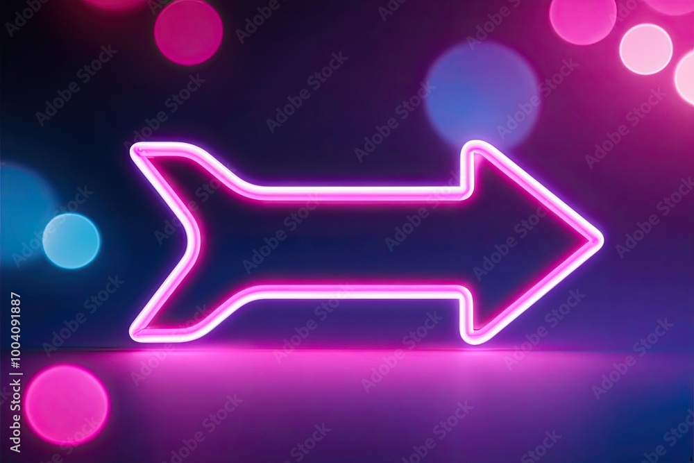 3D Neon Arrow Turning Right with Glowing Pink and Blue Bokeh Lights Render 3D Neon Arrow Turning Right with Glowing Pink and Blue Bokeh Lights Render