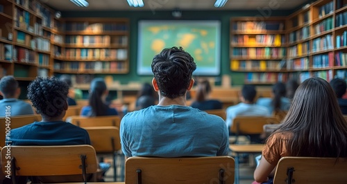 A diverse group of individuals seated in a classroom, attentively facing a projector screen displaying educational content.