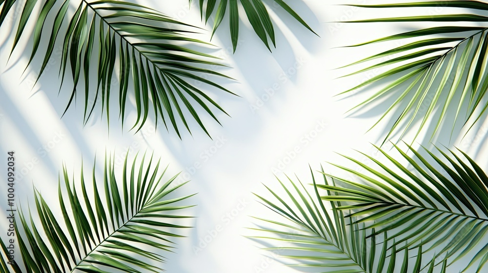 A minimalist arrangement of palm tree leaves on a solid white background, with each leaf casting soft shadows. A minimalist arrangement of palm tree leaves on a solid white background, with each leaf casting soft shadows.