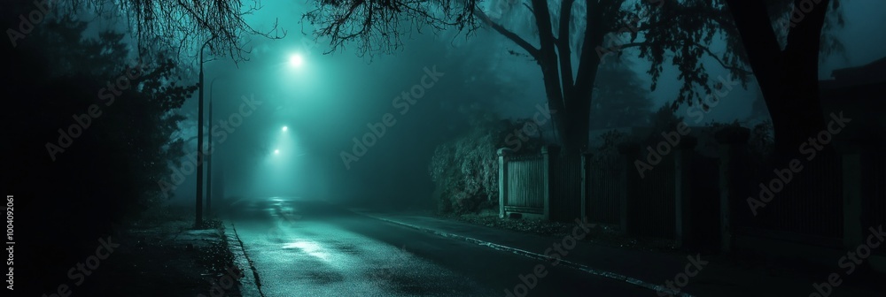 Obraz premium A street at night with a street light and a tree. The street is wet and the sky is dark