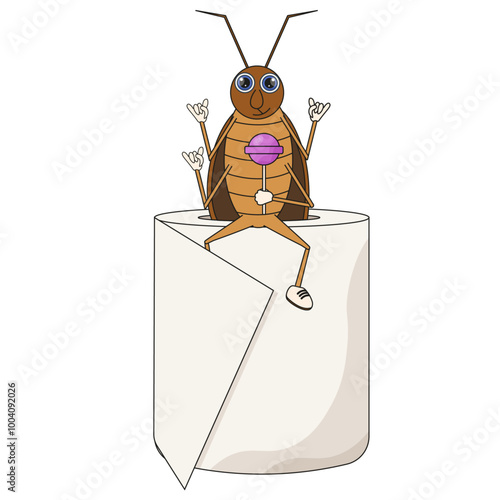 A cockroach on the toilet paper isolated transparent background. Insect on the toilet tissue. Desinfection flat template design can used infographic poster flyer banner cover. 