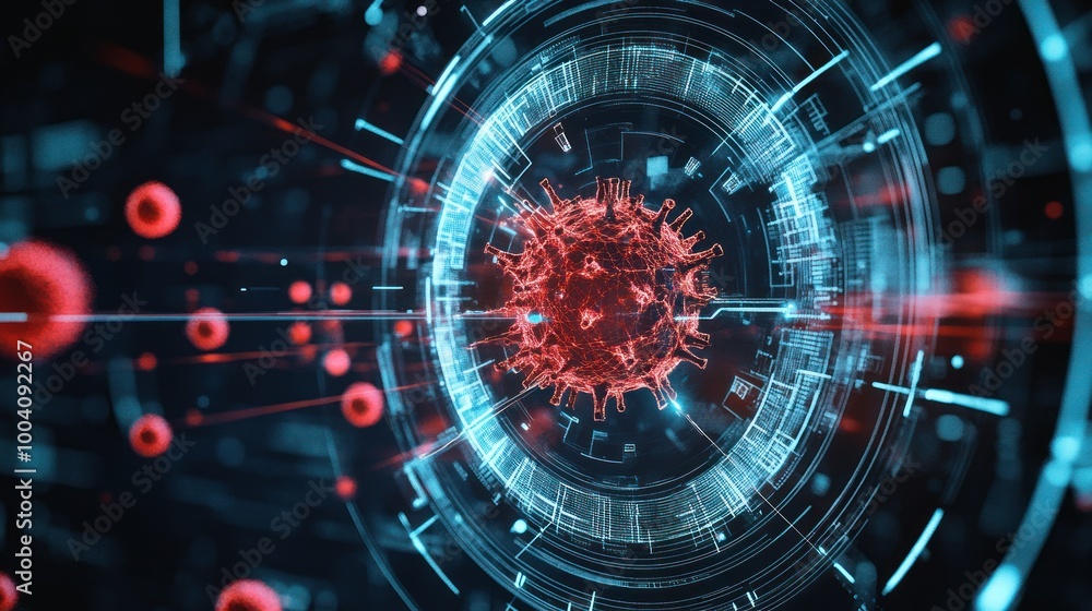 Obraz premium High-tech red and blue virus in a digital matrix