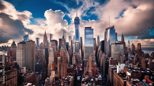 Skyscrapers rise like glittering monoliths against a backdrop of swirling clouds, capturing the city's vibrant energy.