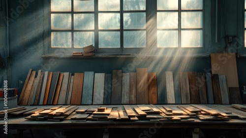 A bright workshop scene with sunlight streaming through windows, highlighting an orderly array of wooden planks, capturing the essence of craftsmanship and order. photo