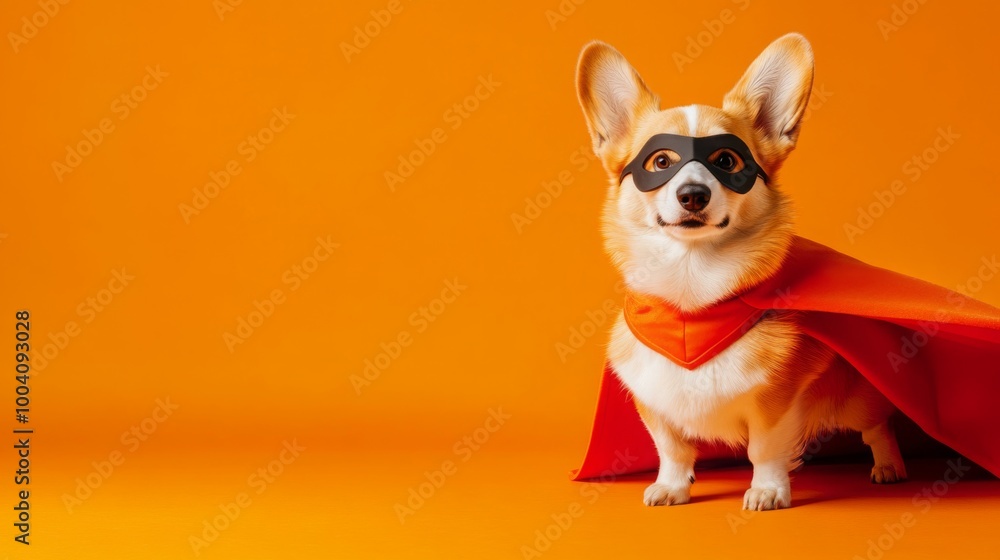 A corgi dog is wearing a red cape and a black mask, standing on an orange background. The dog is looking at the camera with a serious expression, as if ready to take on any challenge. A corgi dog is wearing a red cape and a black mask, standing on an orange background. The dog is looking at the camera with a serious expression, as if ready to take on any challenge.