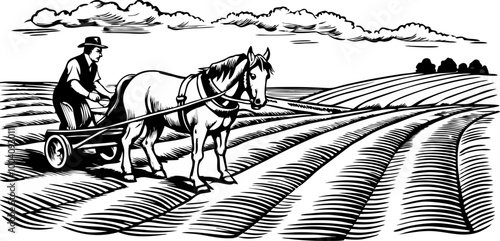 Vintage Farming Scene Horse Drawn Plow in Fields with Farmer