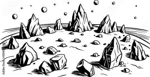 Monochrome Alien Landscape with Rocky Terrain and Floating Spheres