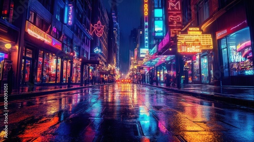 Wallpaper Mural A modern urban street at night with neon signs and streetlights, casting reflections onto the wet pavement. Torontodigital.ca