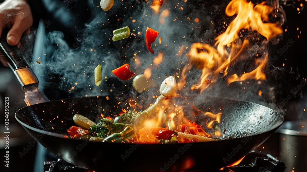 Vegetables flying from a hot wok as flames shoot up, captured in motion with a chef's hand visible, dark background emphasizing the fiery cooking action. Vegetables flying from a hot wok as flames shoot up, captured in motion with a chef's hand visible, dark background emphasizing the fiery cooking action.