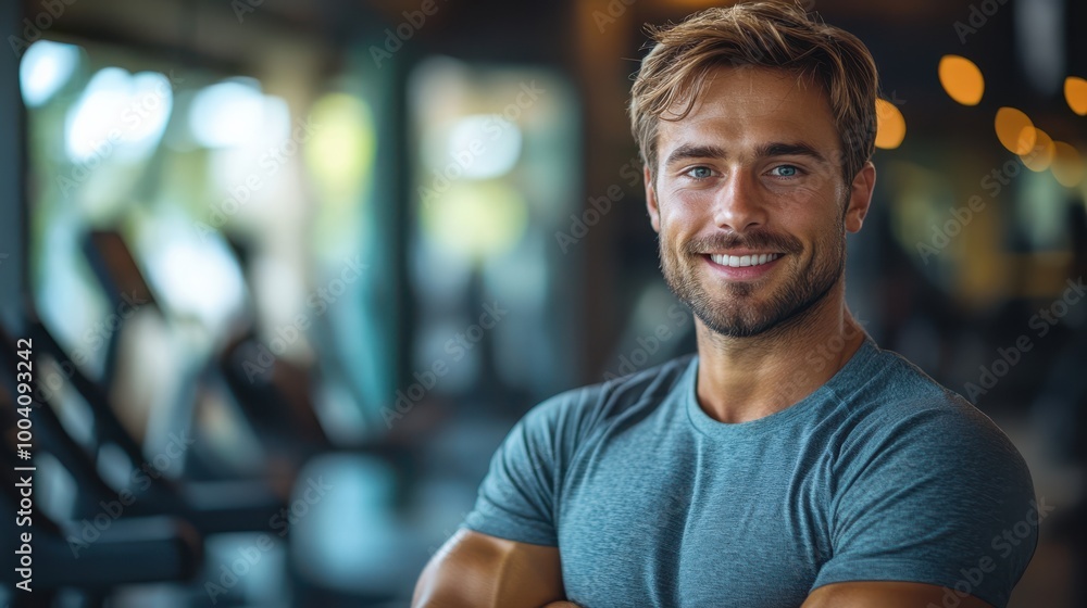 Fit young man smiling in gym, arms crossed, standing confidently. Personal trainer, fitness instructor, healthy lifestyle, motivation, gym training, workout routine, muscular physique Fit young man smiling in gym, arms crossed, standing confidently. Personal trainer, fitness instructor, healthy lifestyle, motivation, gym training, workout routine, muscular physique