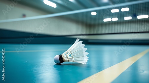 A white badminton shuttlecock lies on a blue court in front of a net. photo