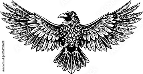 Intricate Black and White Raven Illustration with Outspread Wings