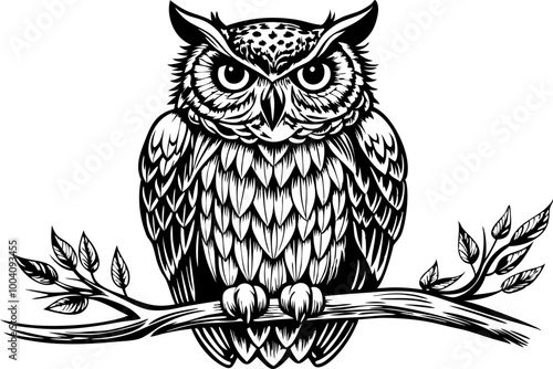 Intricate Owl Illustration on Branch in Black and White Ink Style