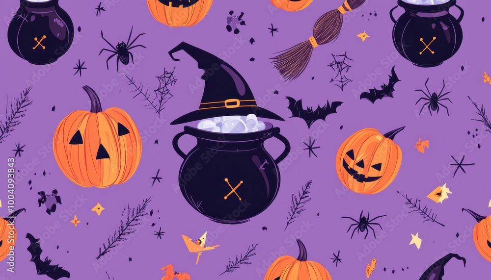 Halloween Seamless Pattern with Pumpkins, Witches' Hats, and Spiders