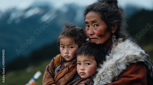 An old woman with two young children stands against a stunning mountain backdrop, wrapped in protective garments, symbolizing family and endurance. photo