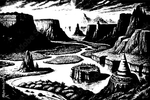 Retro Black and White Desert Landscape Illustration with River and Cliffs