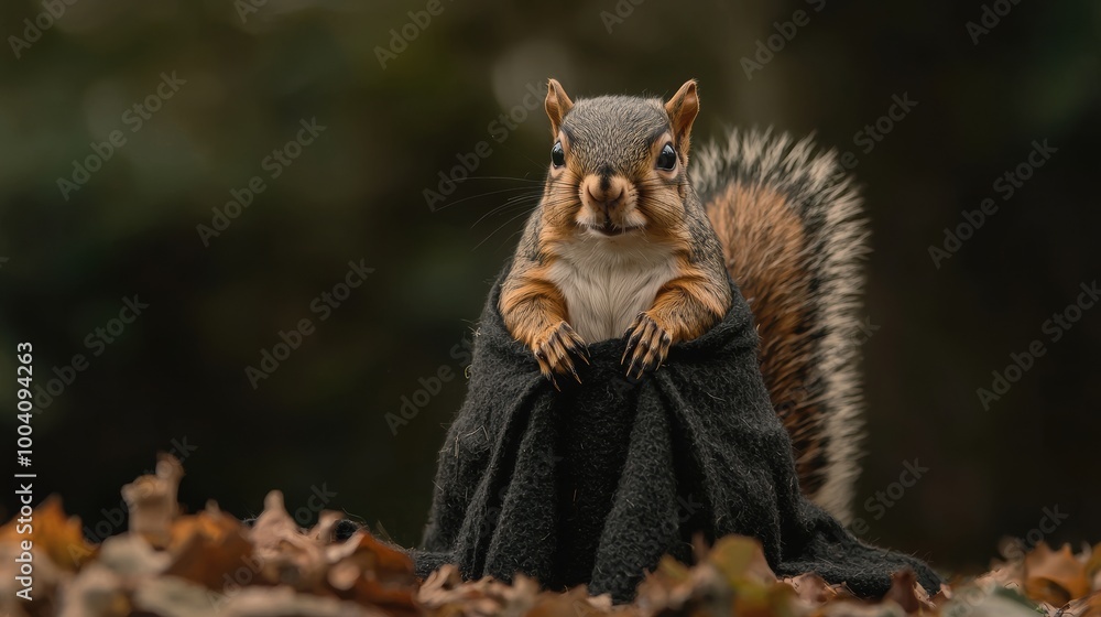 A curious squirrel peeking out while wrapped in a black cloth, set against a blurred forest background of fallen leaves. A curious squirrel peeking out while wrapped in a black cloth, set against a blurred forest background of fallen leaves.