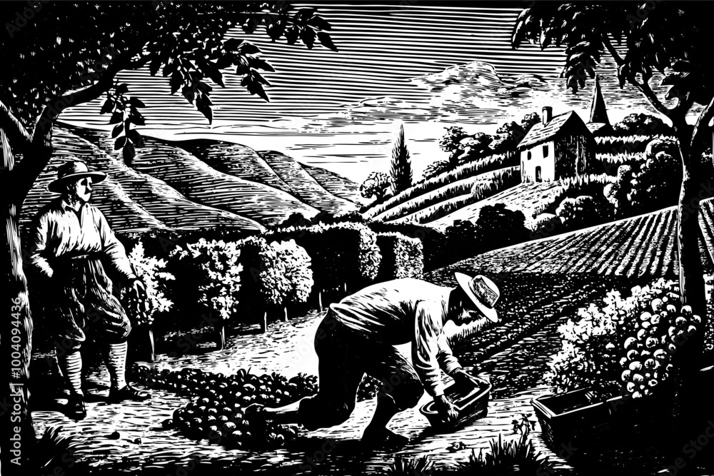 Obraz premium Vintage Vineyard Harvest Scene in Classic Woodcut Style