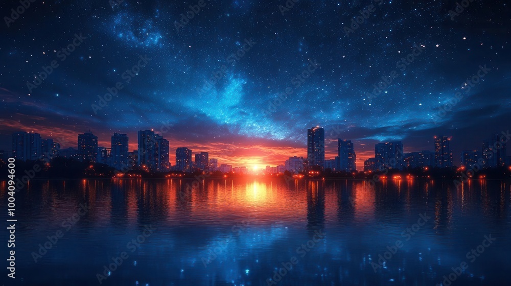 Fototapeta premium breathtaking double exposure landscape featuring a starry summer night sky blended with a silhouetted skyline reflecting in a calm lake capturing the beauty of nature and urban life in harmony
