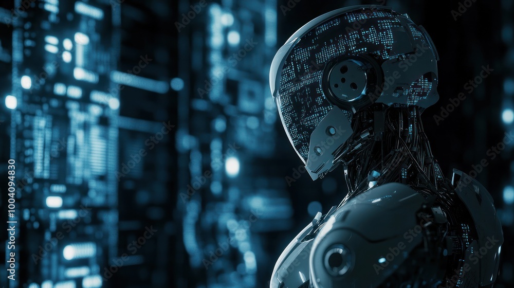 Fototapeta premium Futuristic android with digital data interface in blue.