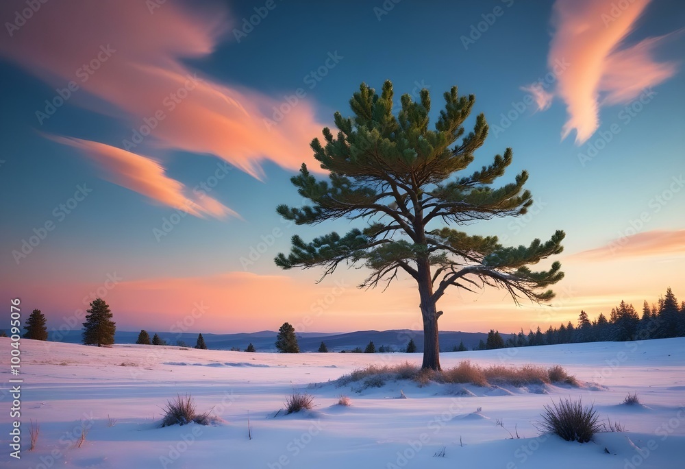 A lone tree on a grassy field, half covered in snow and half in full green foliage, representing the contrast between winter and spring A lone tree on a grassy field, half covered in snow and half in full green foliage, representing the contrast between winter and spring