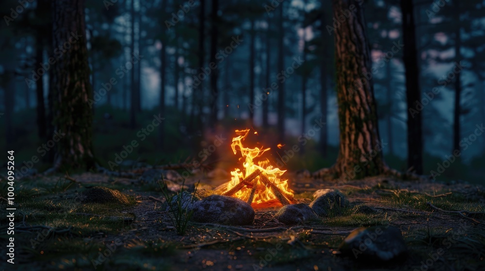 A campfire burning in the center of a dense forest, ideal for outdoor adventures and nature photography A campfire burning in the center of a dense forest, ideal for outdoor adventures and nature photography