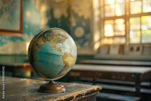 A globe sits on top of a wooden table, perfect for educational or decorative purposes