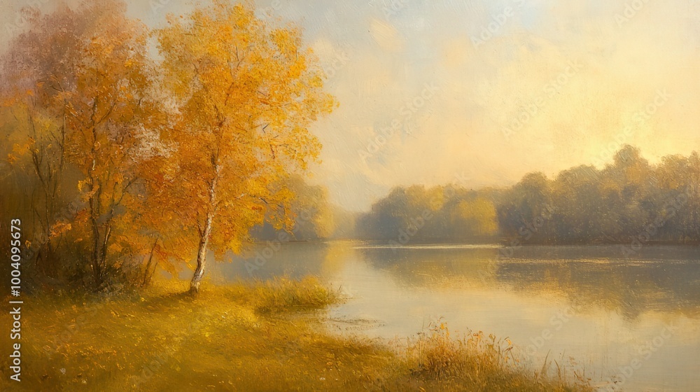 Serene autumn landscape featuring golden trees by a calm lake under a soft morning light. Serene autumn landscape featuring golden trees by a calm lake under a soft morning light.