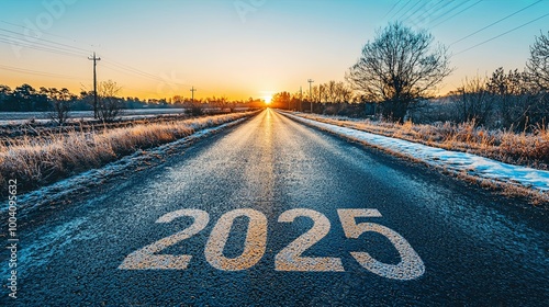 A dawn road with '2025' in white, leading to a golden horizon, symbolizes future possibilities. The glowing light imbues a strong sense of optimism. photo