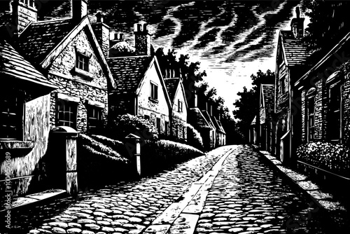 Vintage Black and White Cobblestone Street in Village Dramatic Sky