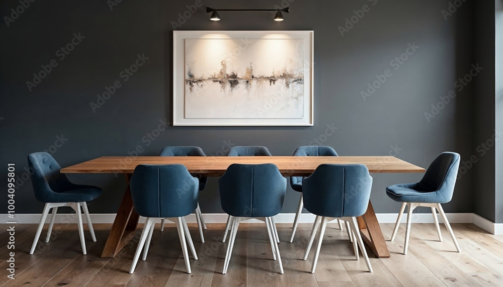 A modern dining room featuring a large wooden table with a polished finish, surrounded by six blue upholstered chairs A modern dining room featuring a large wooden table with a polished finish, surrounded by six blue upholstered chairs