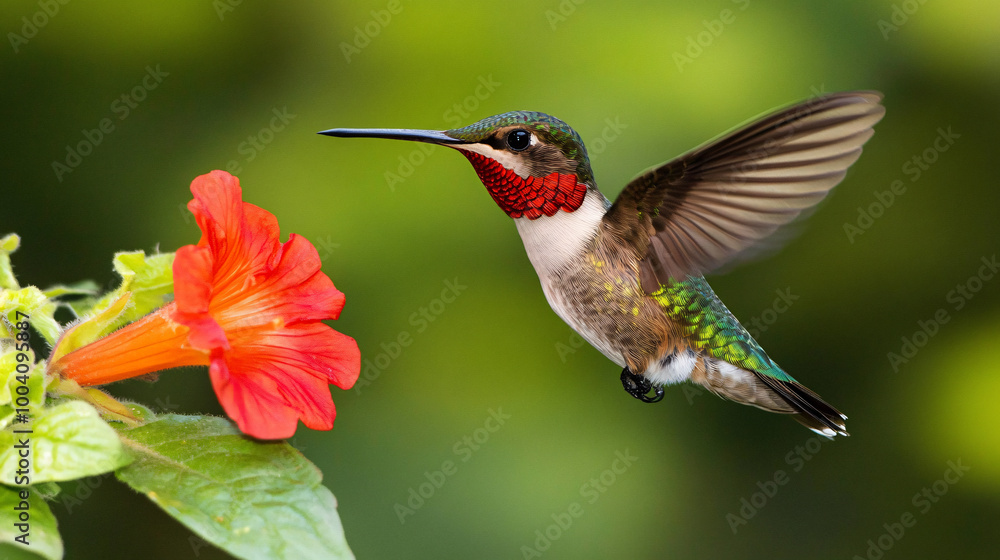 Fototapeta premium A vibrant ruby-throated hummingbird hovering near a flower