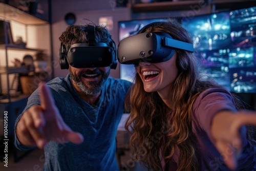 A couple enthusiastically dives into virtual worlds using VR headsets at home, highlighting virtual reality's immersive experience, connection, and shared digital exploration.