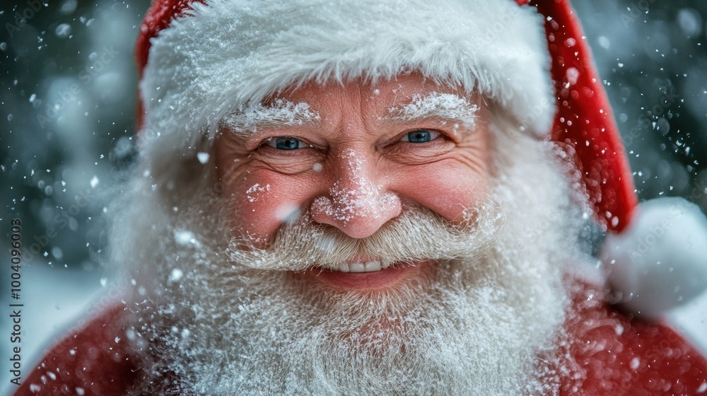 Joyful Santa Claus smiles warmly amidst falling snowflakes in a winter wonderland, spreading holiday cheer to all around Joyful Santa Claus smiles warmly amidst falling snowflakes in a winter wonderland, spreading holiday cheer to all around