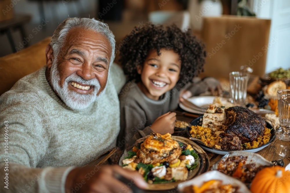 An elderly man and a young child enjoying a hearty meal together at a festive table, radiating joy and the essence of family warmth and togetherness. An elderly man and a young child enjoying a hearty meal together at a festive table, radiating joy and the essence of family warmth and togetherness.