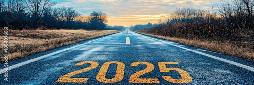 A blue-tinted road with '2025' marking in yellow captures the sunrise, symbolizing hope and future possibilities. A scene of serene natural beauty and ambition. photo