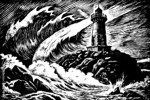Dramatic Lighthouse Scene in Black and White with Powerful Waves