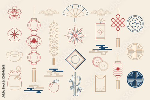 Hand drawn illustration set of Asian Chinese traditional red and gold elements outline celebreation and Chinese New Year. For poster, card, tag, invitation, media, web