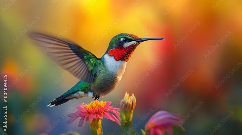 A vibrant ruby-throated hummingbird hovering near a flower A vibrant ruby-throated hummingbird hovering near a flower
